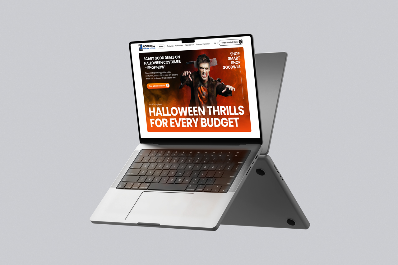 Goodwill Halloween campaign displayed on a laptop.
