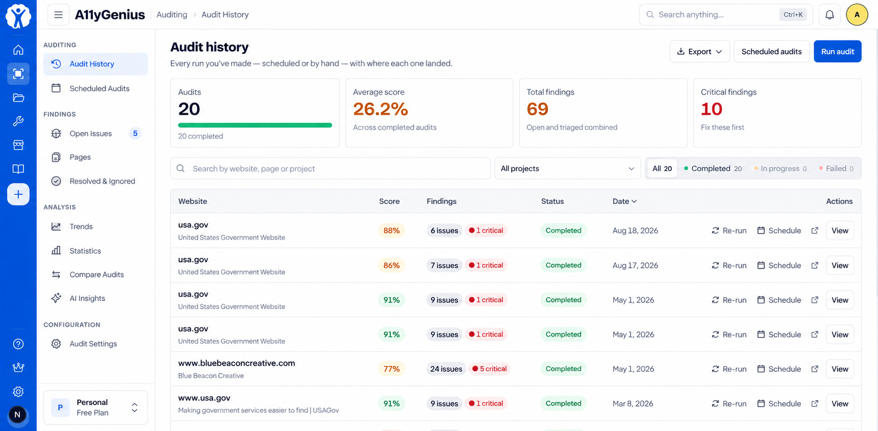 A11yGenius Audit history product screen concept. Past runs and a route back into an individual audit.