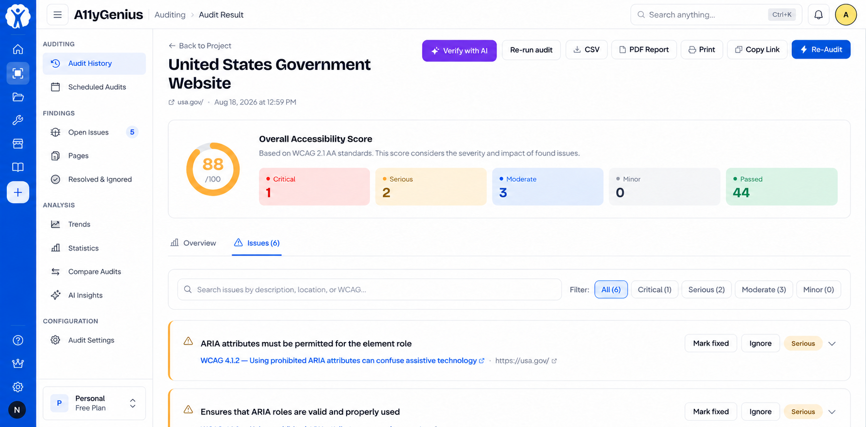 A11yGenius Audit issues product screen concept. Prioritized findings with context for review.
