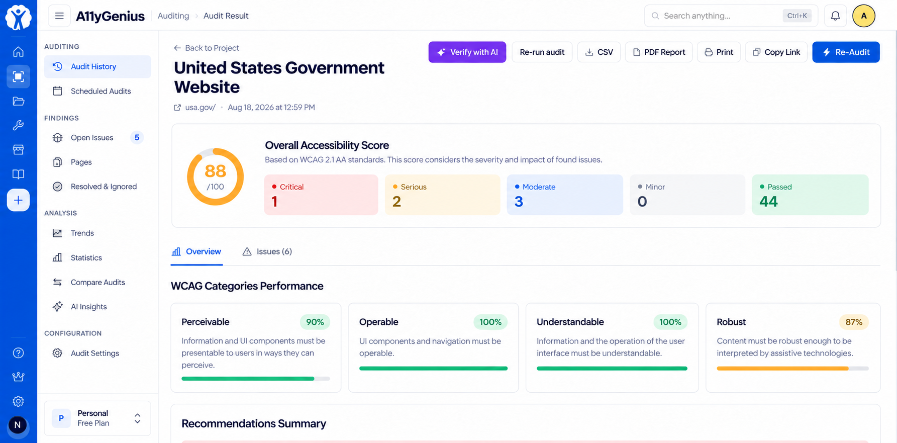 A11yGenius Audit overview product screen concept. Findings and their breakdown across audit categories.
