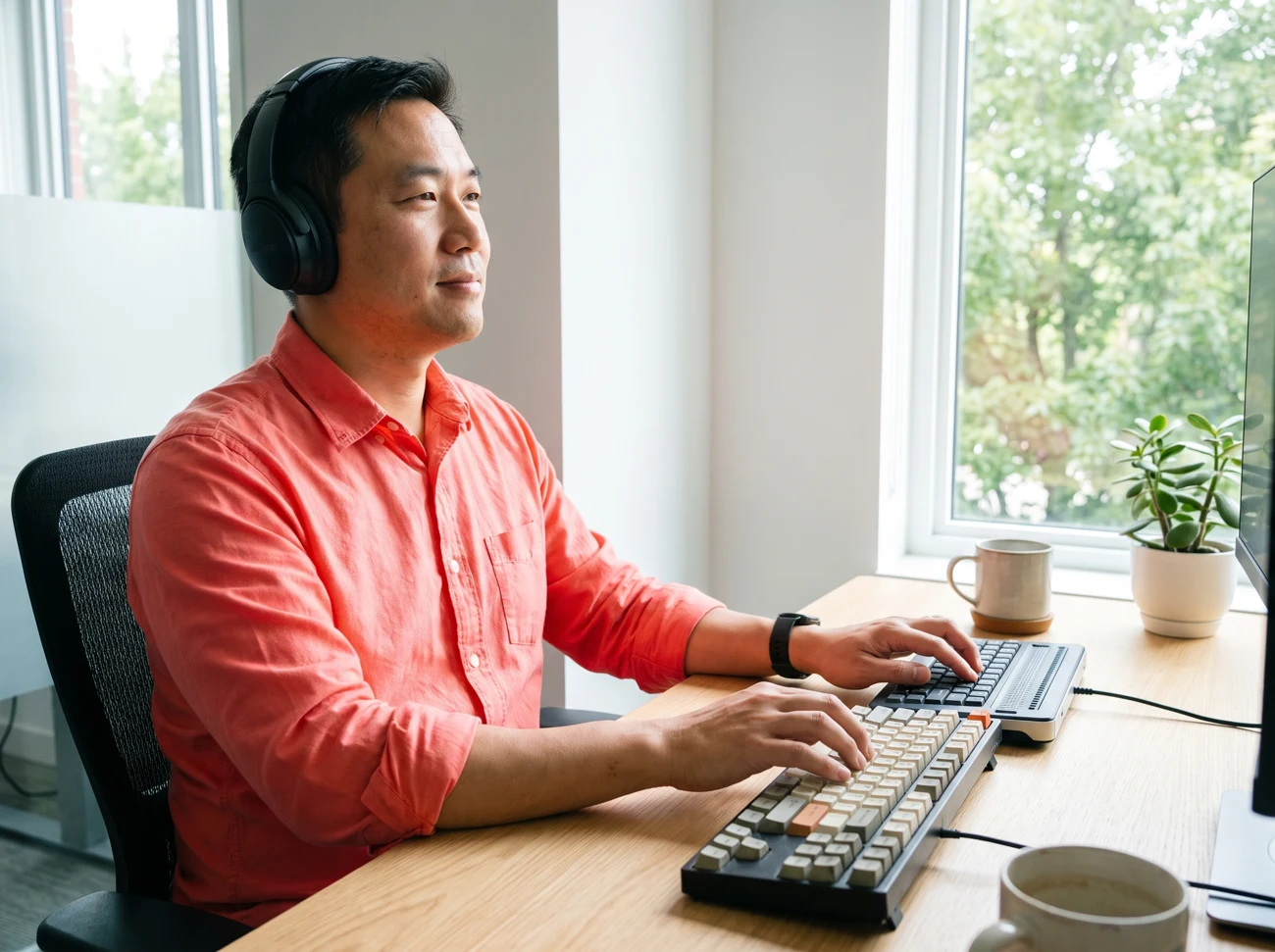 A developer works with a keyboard and assistive hardware at a bright desk.