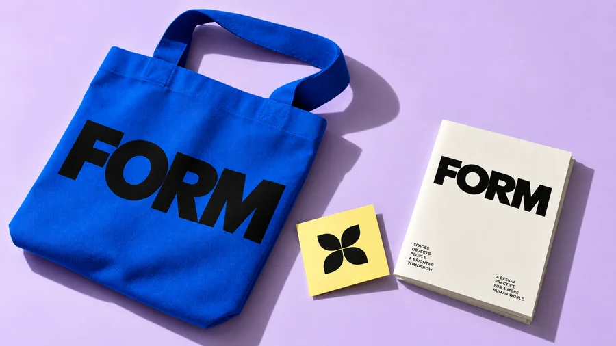 FORM cobalt blue tote and concept brand stationery.