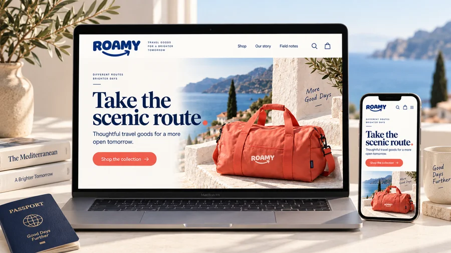 ROAMY concept travel brand website on a laptop and phone.