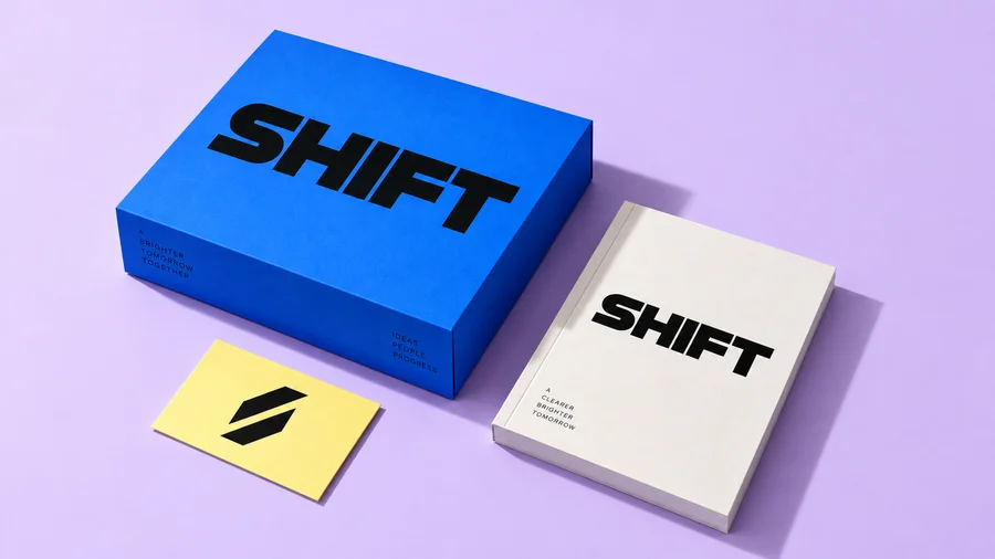 SHIFT blue packaging and concept brand stationery.