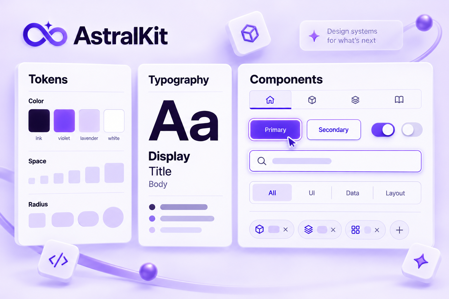 AstralKit tokens, typography, and component patterns presented together in the purple brand identity.