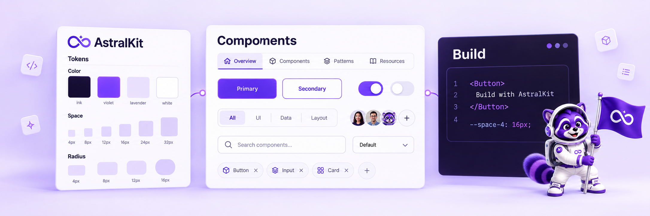 AstralKit tokens, reusable interface components, and code panels in purple, with the astronaut raccoon mascot.