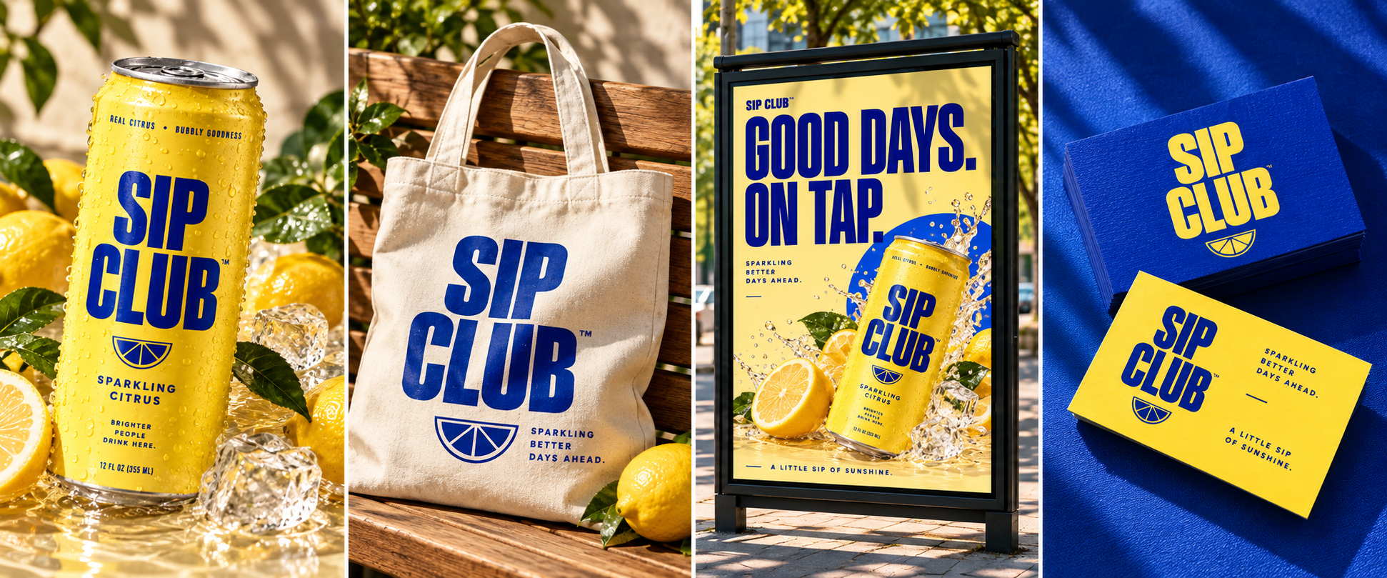 SIP CLUB concept identity across a yellow citrus drink can, canvas tote, outdoor campaign poster, and blue and yellow business cards.