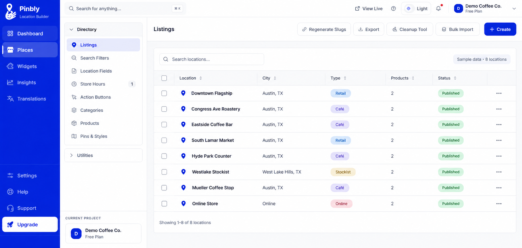 Illustrative Pinbly Places directory populated with eight fictional coffee business entries, showing city, location type, product counts and publication status.