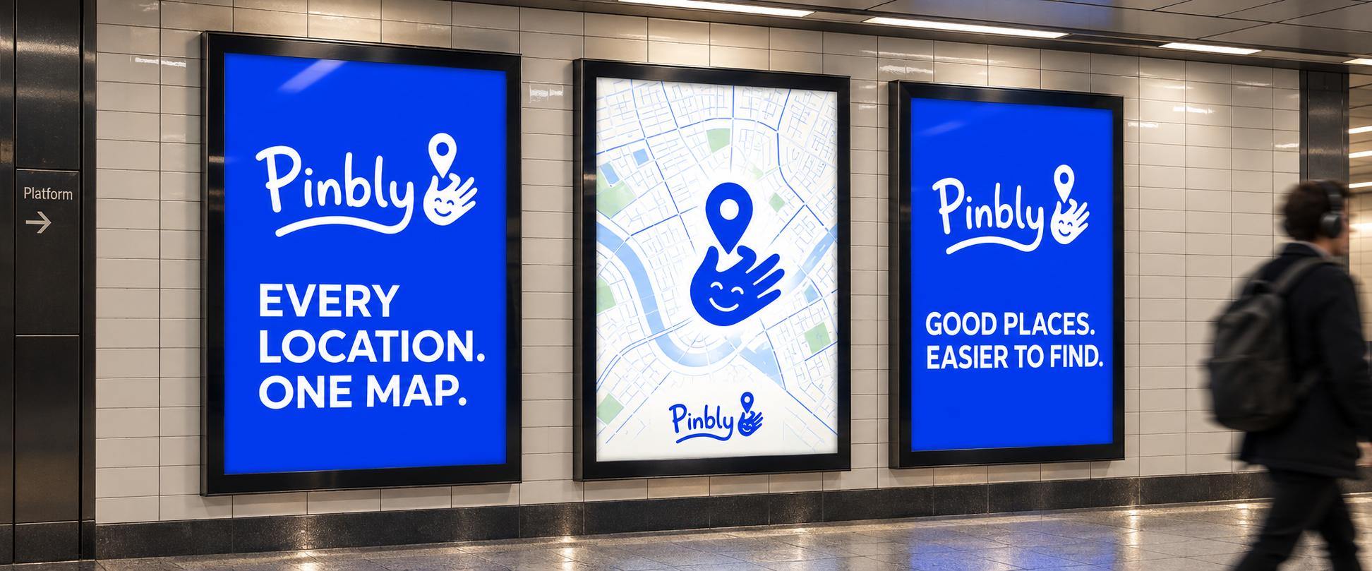 Pinbly concept campaign showing branded store locator posters in a transit station.