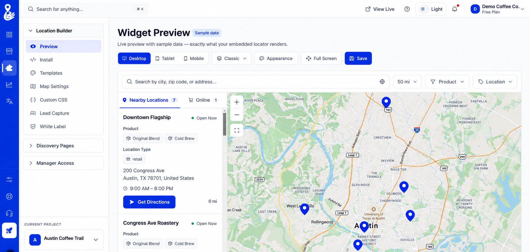 Illustrative Pinbly widget builder with desktop preview controls, product filters, sample coffee shop listings and a detailed Austin map.