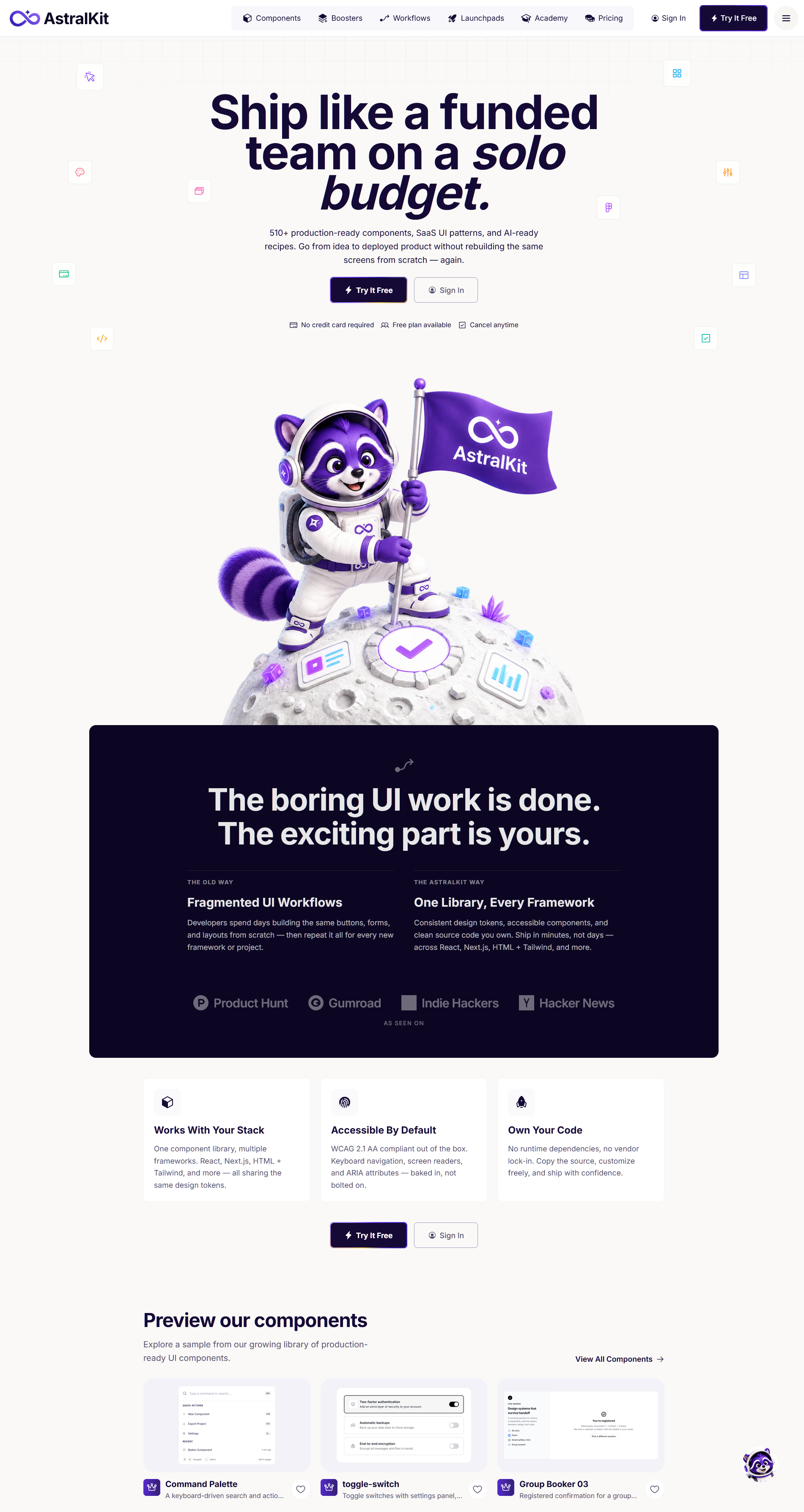 AstralKit website introducing its component library, with a purple astronaut mascot.