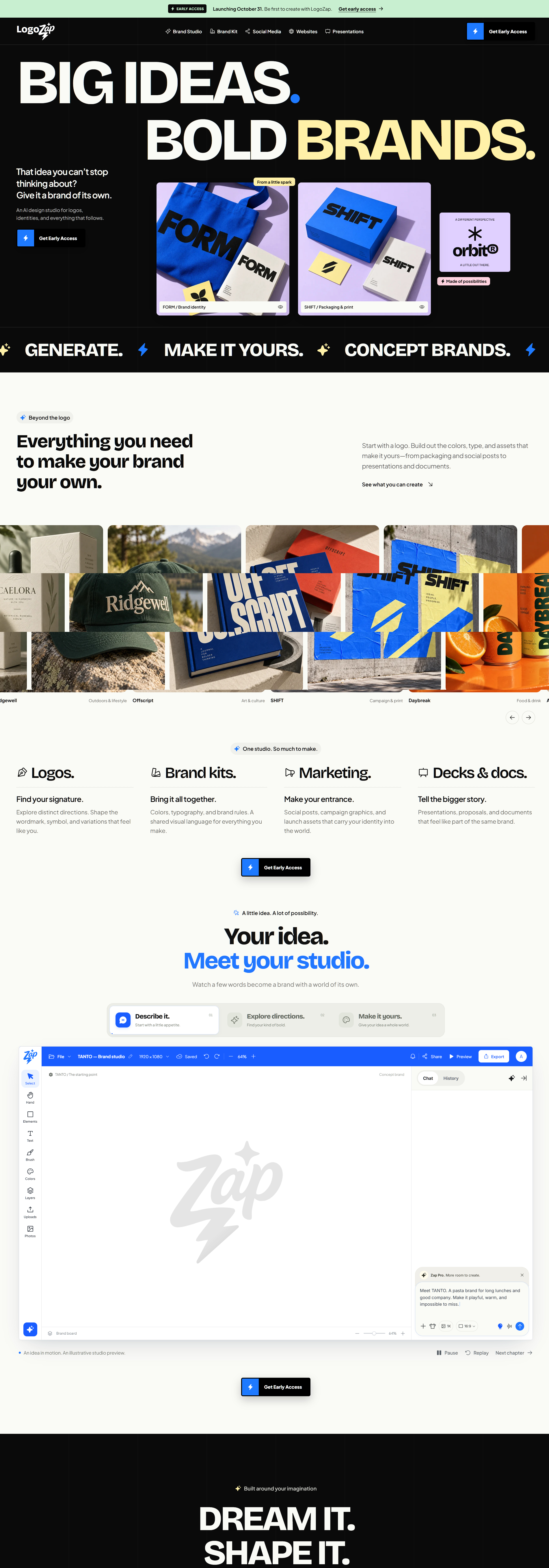 LogoZap website with the headline Big ideas. Bold brands. and brand concept examples.