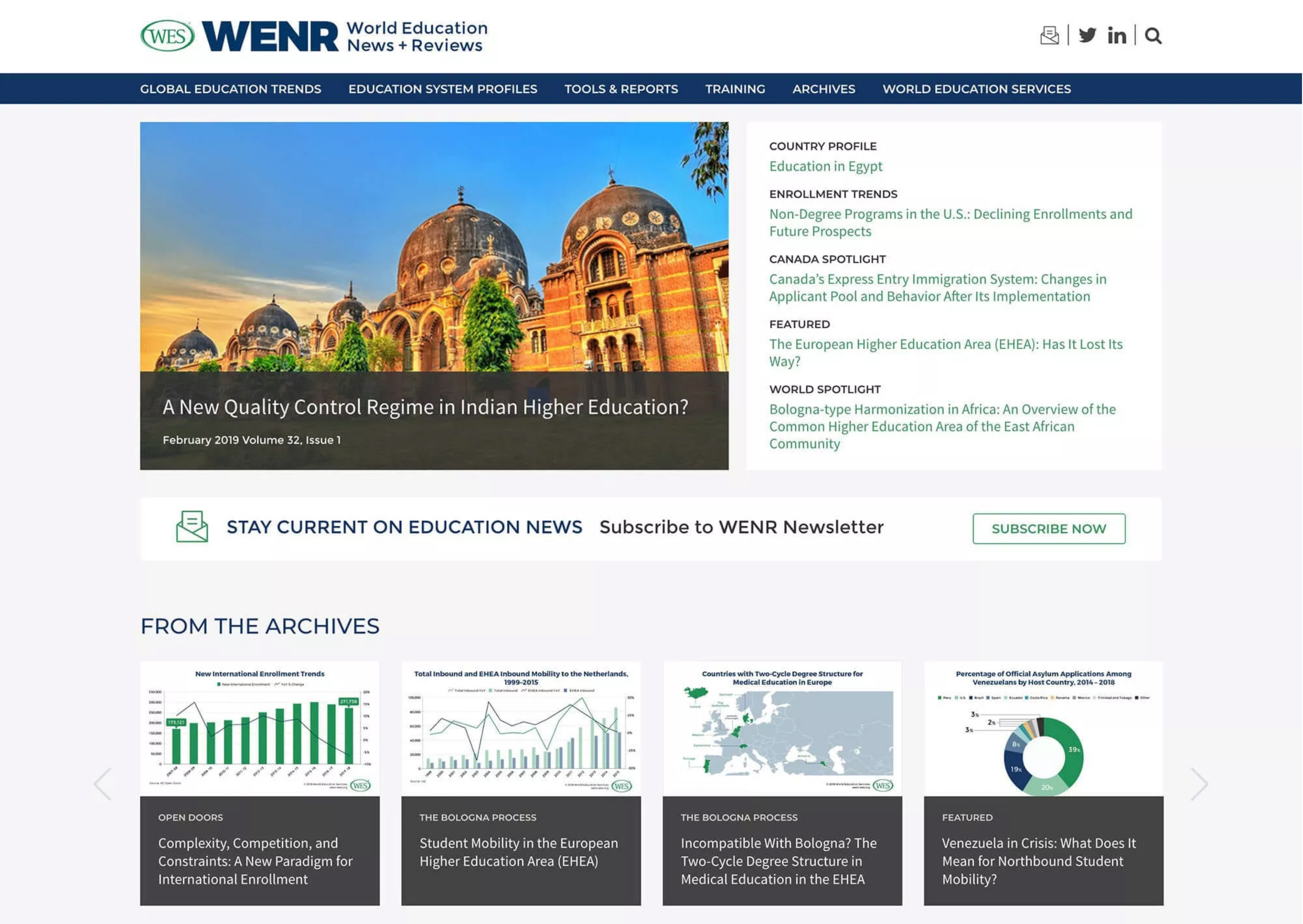 WENR homepage showing an international education feature, topical stories, and the publication archive.