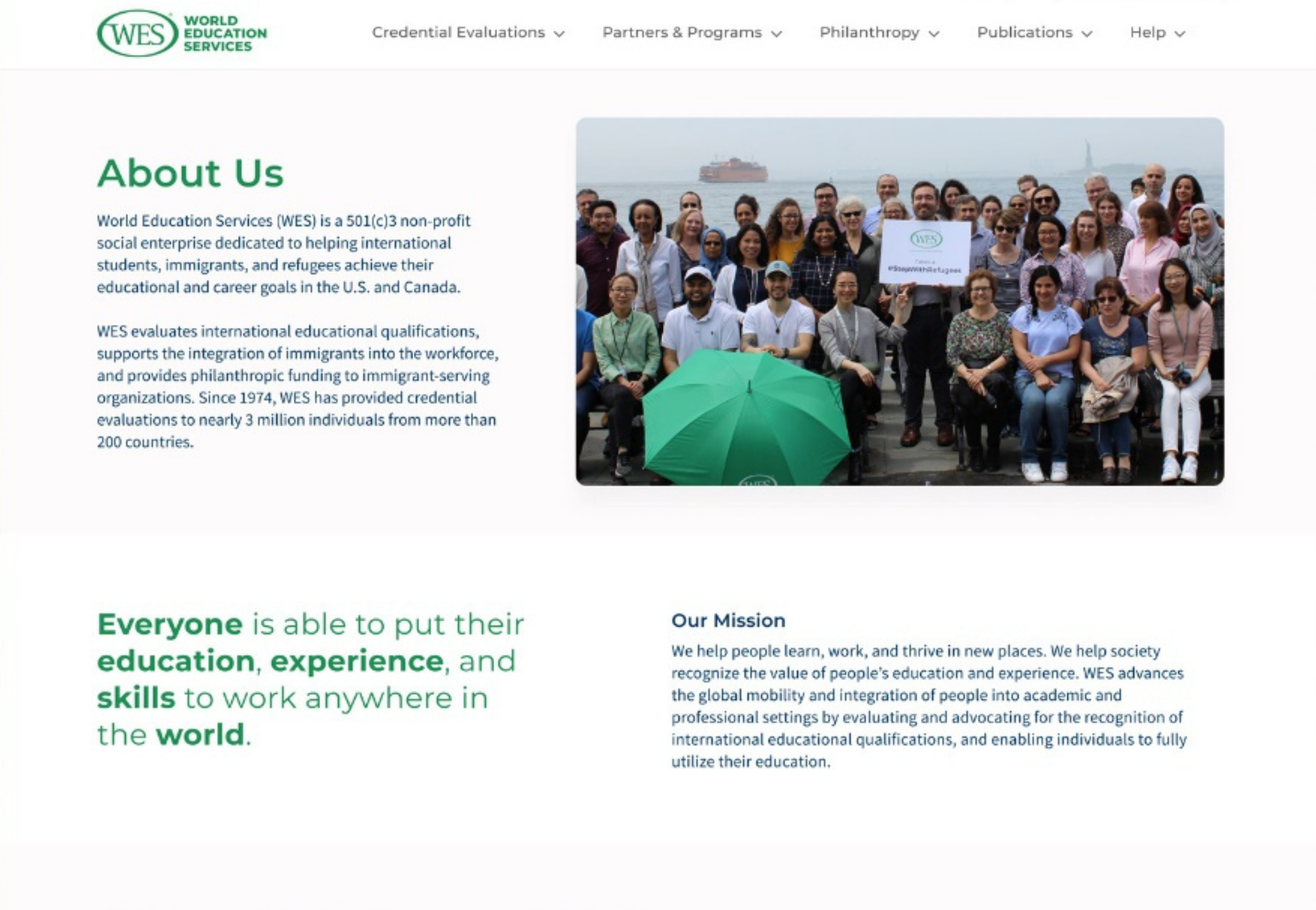 WES About Us page with mission copy and a team photograph.