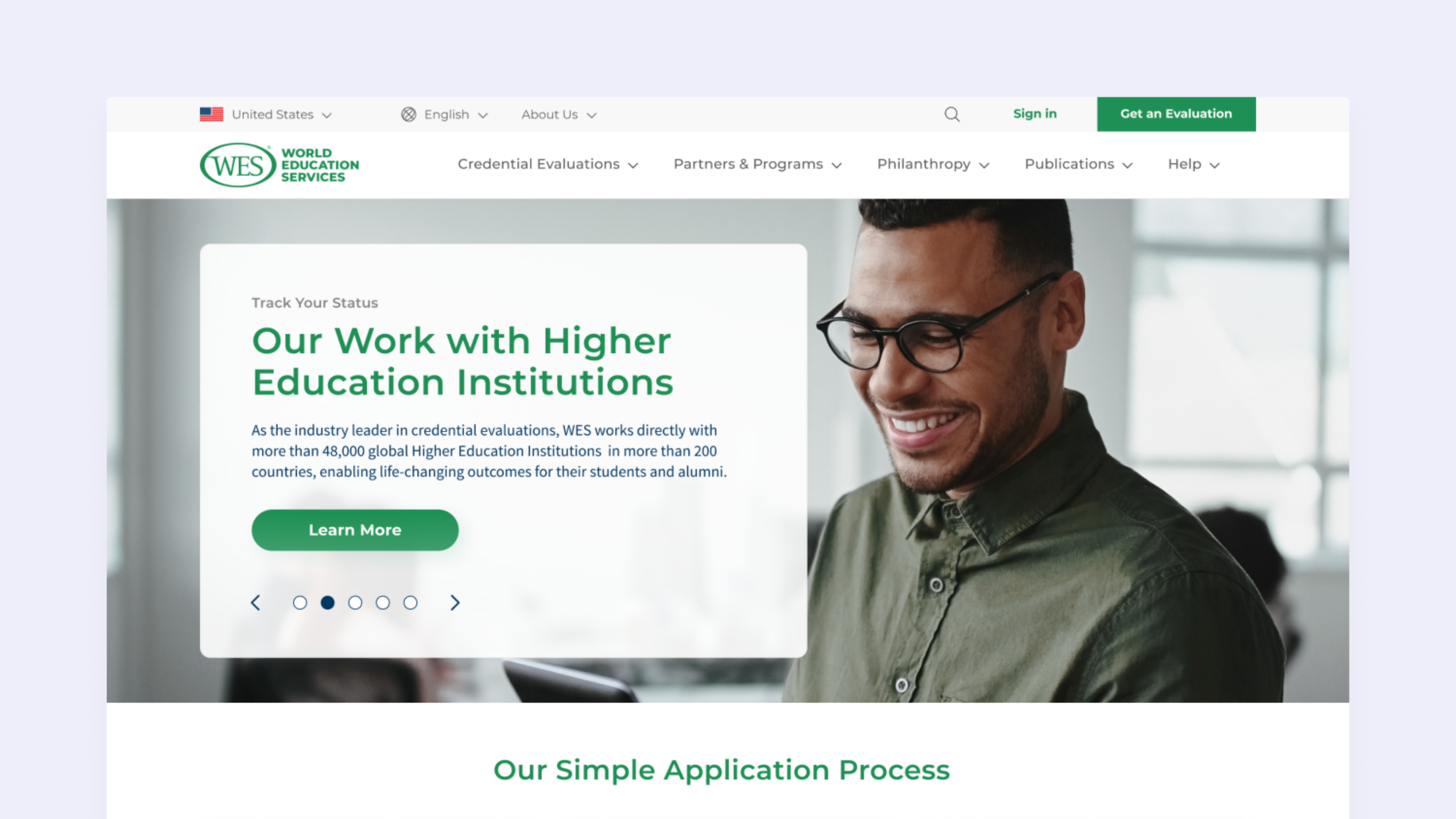 World Education Services homepage featuring its work with higher education institutions.