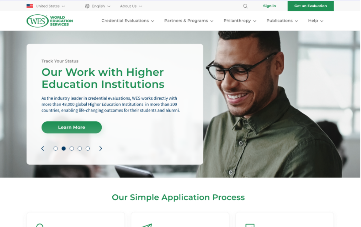 WES homepage with navigation and a higher education feature.