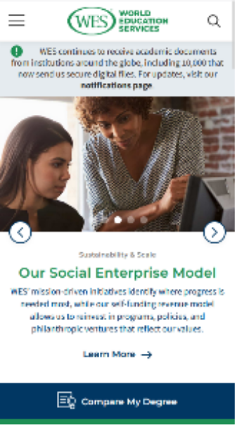 WES mobile homepage with compact navigation and social enterprise feature.