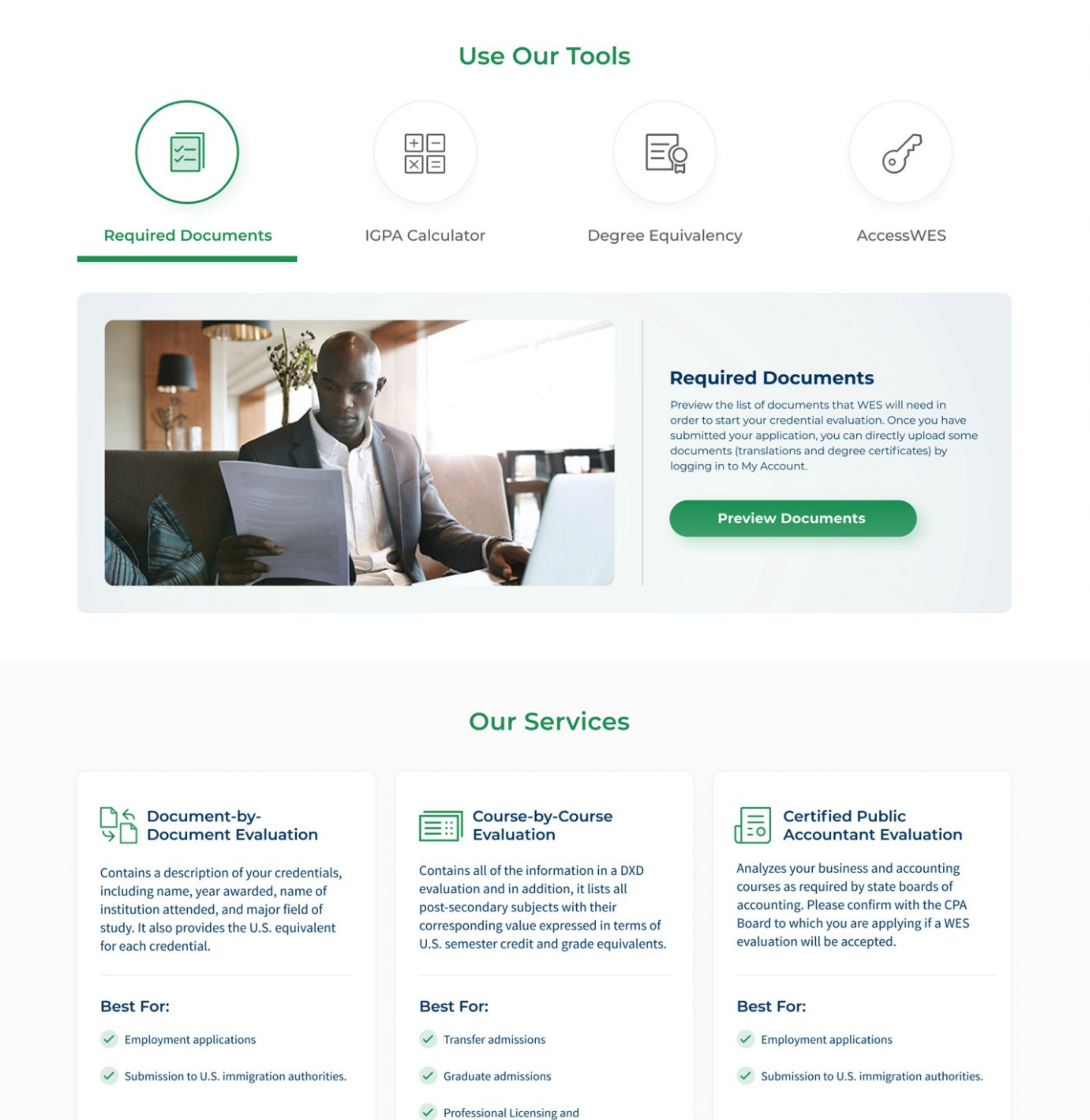 WES tools navigation and credential evaluation service cards.