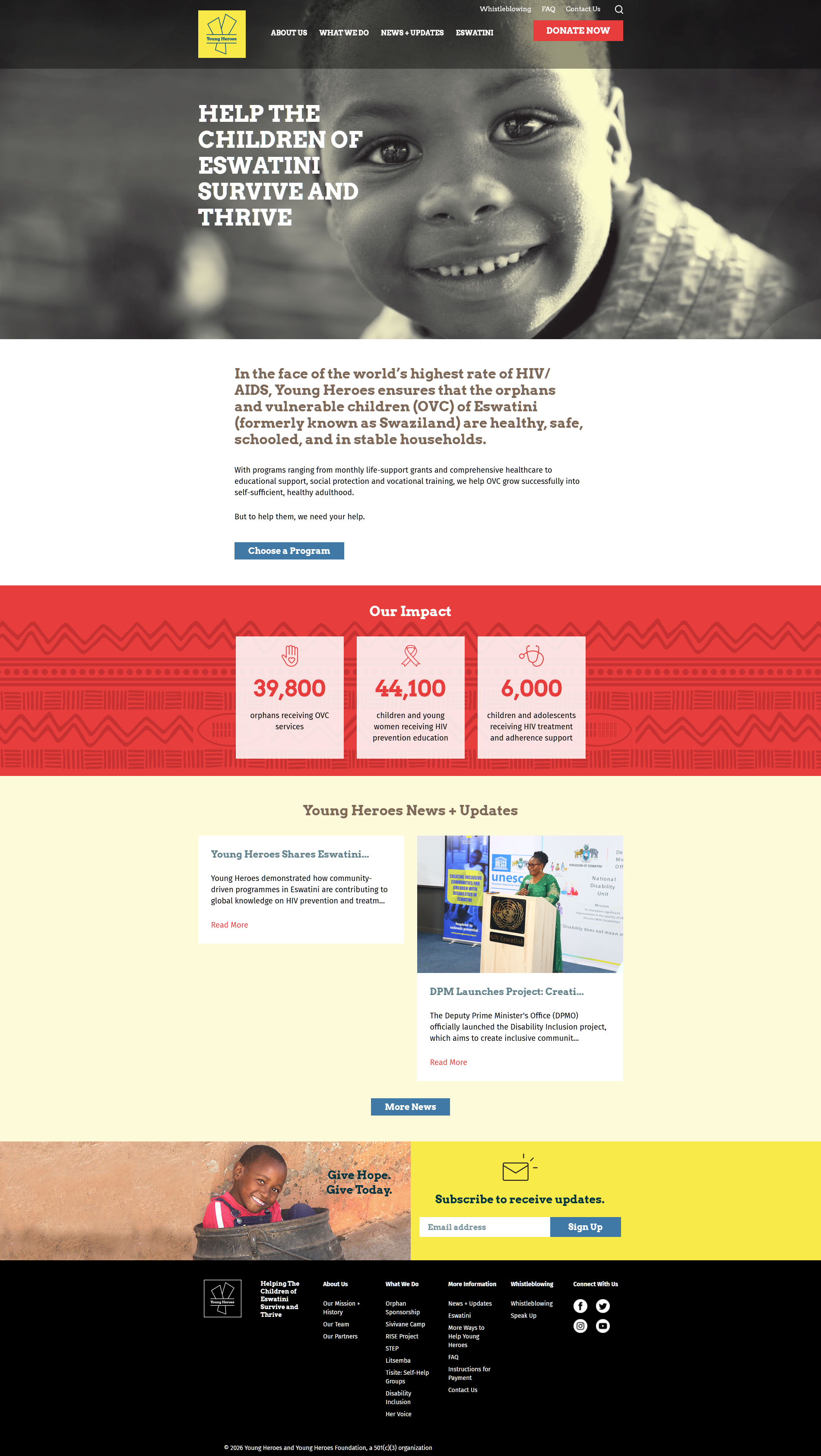 Young Heroes homepage featuring the message Help the children of Eswatini survive and thrive.