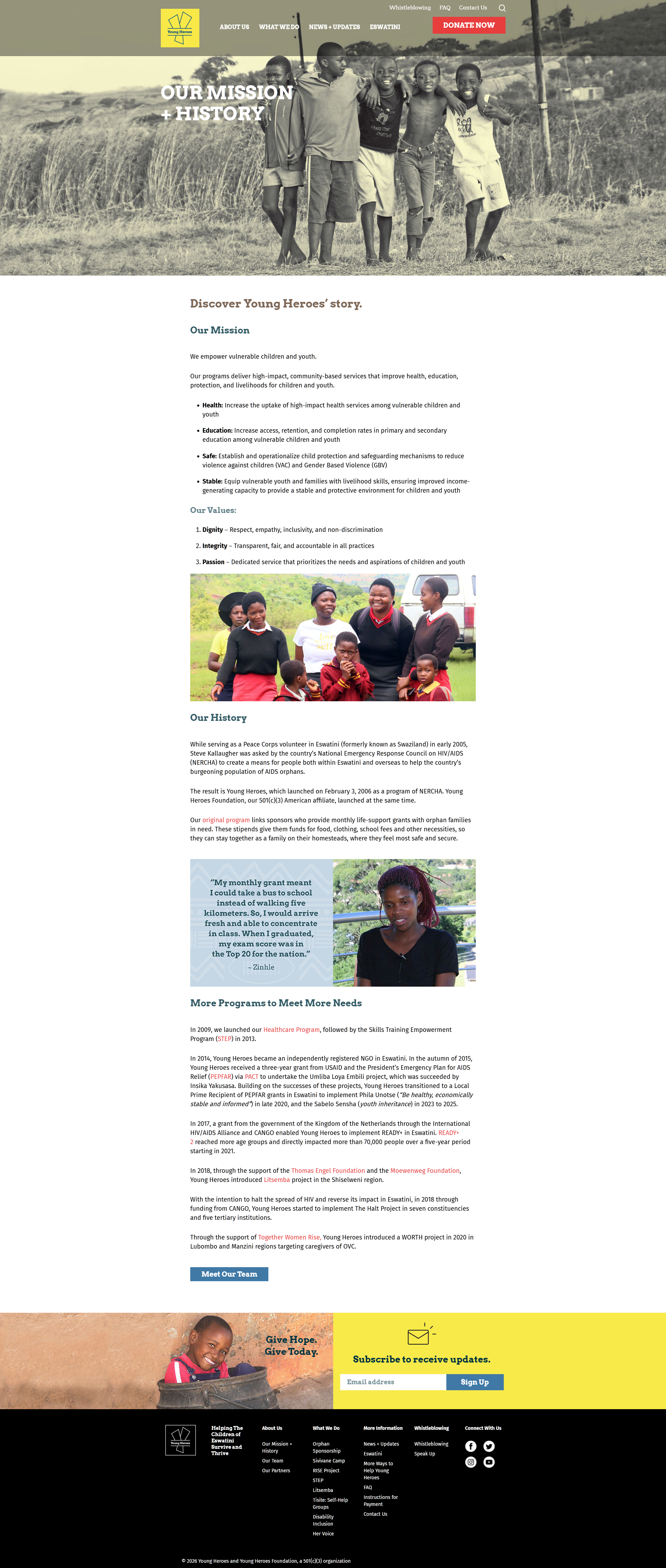 Young Heroes mission and history page with community photography.