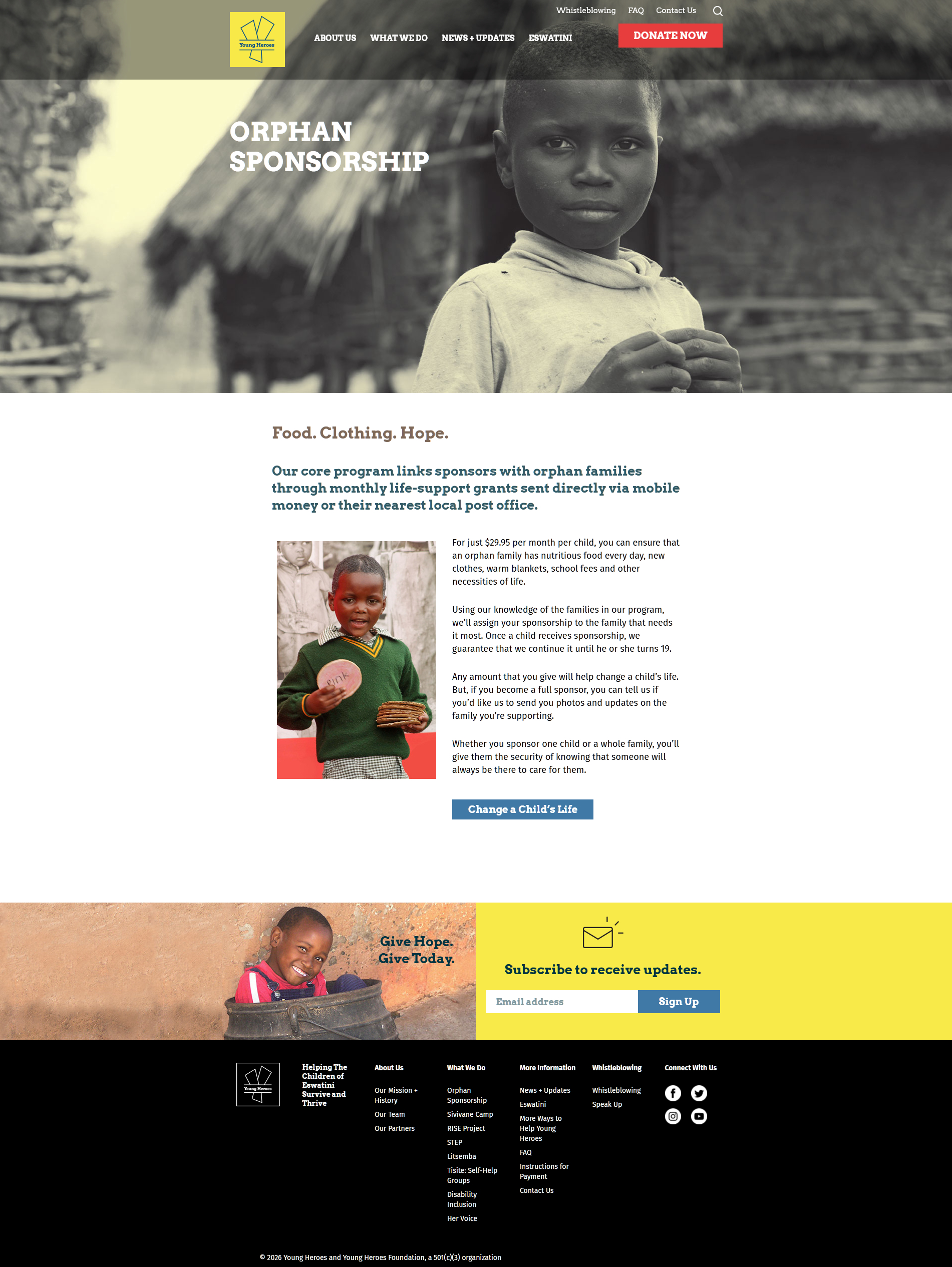Young Heroes sponsorship page with a prominent program introduction.